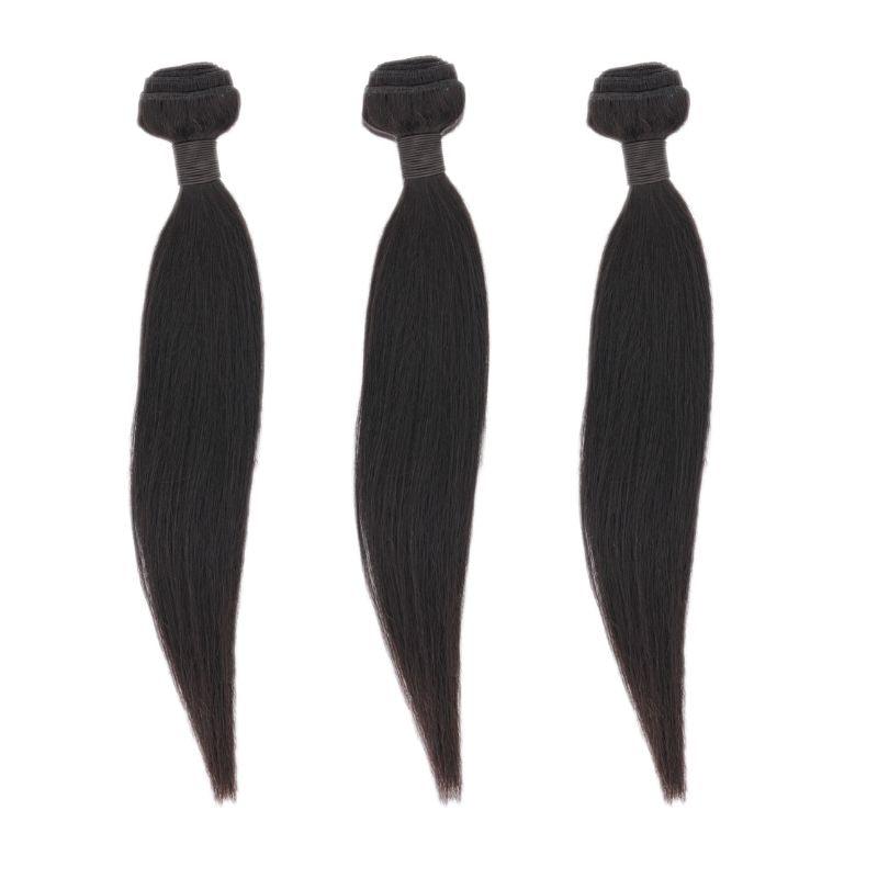 Three bundles of Malaysian silky straight hair extensions, showing the raw, unprocessed hair before and after styling.